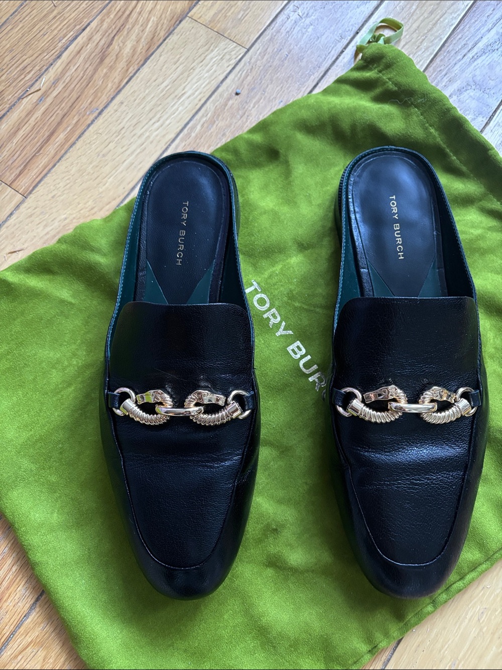 Tory Burch Black Leather Gold-Chain Backless Loafers